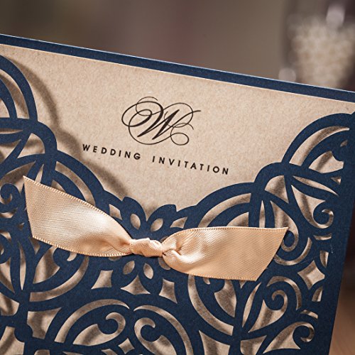 Wishmade Einladungskarten Für Hochzeit Geburtstag Taufe Party Satinband Bowknot Kraftpapier Blanko Set 50 Stücke inkl Umschläge und Aufkleber - 5