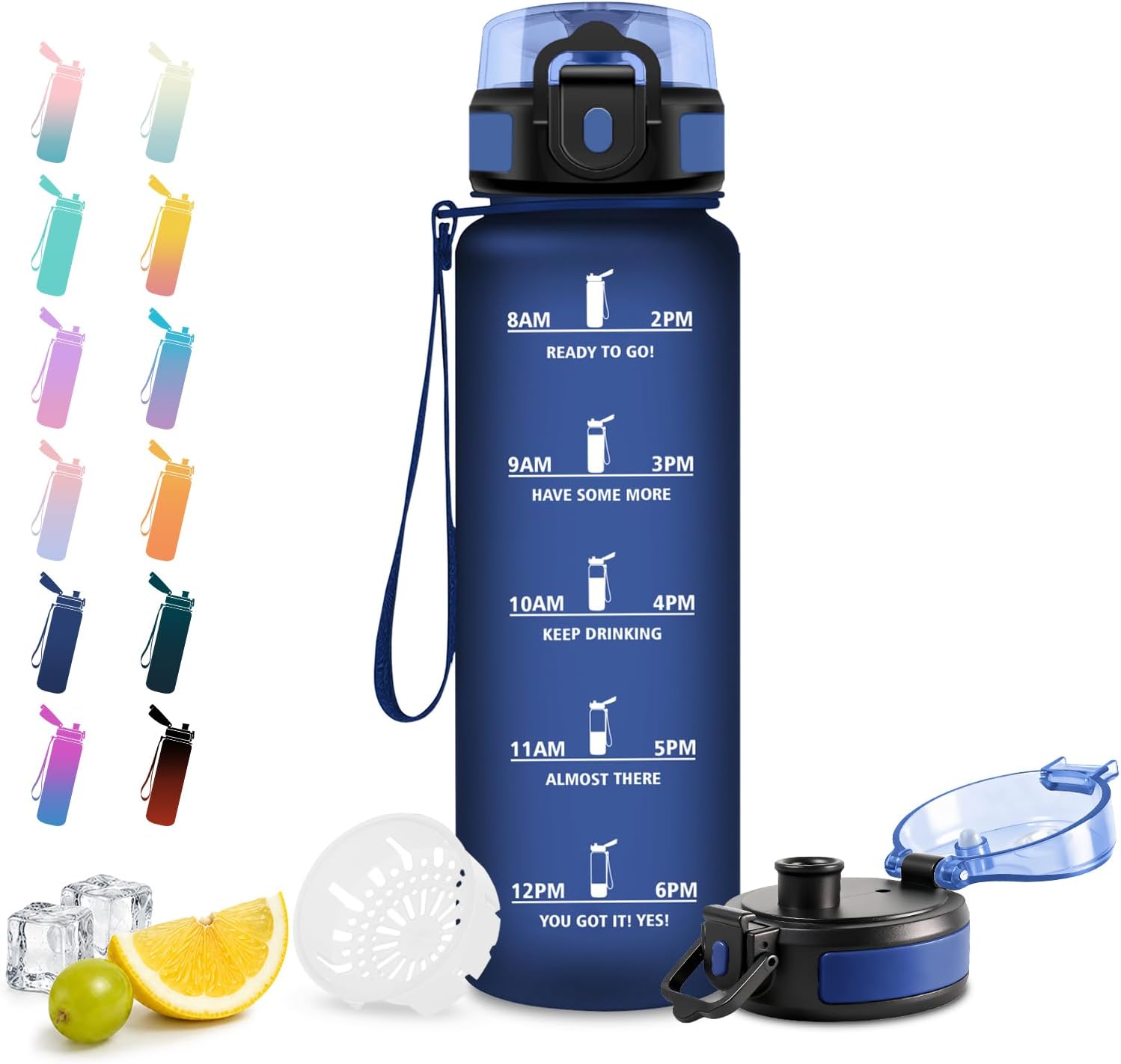 JAPORIA Gourde 1L, Gourde avec Filtre, sans BPA, Bouteille avec Marqueur de Temps, pour Boissons Gazeuses, Sport, Bureau, Yoga, Camping
