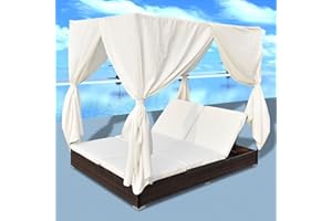 Deufre Tumbonas Jardin Exterior Tumbona Doble Sofa Exterior, Tumbona de jardìn con Cortinas y Techo,Cama para Exterior Cama Balinesa con Respaldo reclinable Marrón