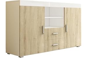 MB Muebles Bonitos, Aparador Roque para Salón Comedor Moderno, Mueble TV de Melamina, Blanco Brillo y Sonoma Mate, 140x80x40 cm