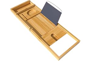VIVAAS Natural Bamboo Bath Caddy Tray Bridge With Extendable Tablet Stand & Wine Glass Holder, Phone Holder For Bathroom Bath Table | Over The Bath Tray | Bath Shelf | Bath Trays | Bath Table Tray