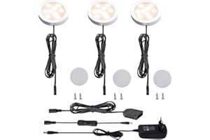AIBOO LED Lámpara LED Debajo del Gabinete para Cocina, Iluminación Empotrada Ultradelgada Redonda para Armario, Mostrador, Estante, 3paquetes de luces LED para escaparate 12V 6W(Blanco Caliente2700K)