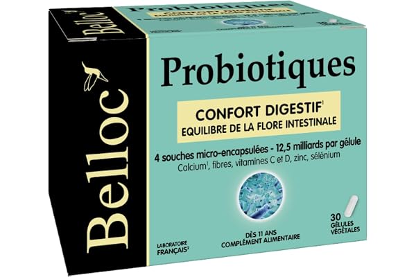 Belloc Probiotiques Flore Intestinale - 4 souches Probiotiques Microencapsulées – Calcium + Vitamine C et D + Zinc + Sélénium - 30 capsules végétales