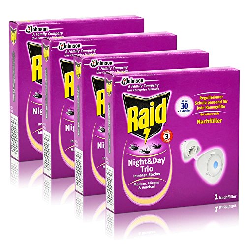4x Raid Night & Day Trio Insekten Stecker Nachfüller, gegen Mücken, Fliegen & Ameisen