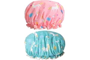 Tbestmax 2 Pcs Unicorn Shower Caps Bath Caps Reusable Waterproof Double Layers for Women Hair Protection EVA Plastic Lace Elastic Band Hat Environmental