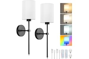Lightsjoy Battery Operated Wall Lights Wireless Wall Sconces Set of 2 Rechargeable Wall Lamp Battery Powered 3 Color Temperature RGB Dimmable Remote Control Cordless Wall Light for Bedrooms, Black