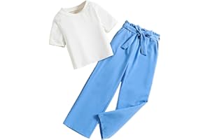SoLu DAY8 Ensembles Enfant Fille 7-12 ans Tee Shirt Manche Courte et Pantalon Jambe Large Fluide Ado Fille Chic et élégant Tailleur Enfant Fille Pas Cher Vintage Confortable Mignon