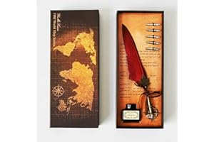 mreechan Stylo Dip à Plume, Quill Feather Pen Set,Vintage Quill Feather Pen Ink Setavec Encre, 5 Pointes de Rechange et Noire Bouteille d'encre pour Écriture ou Cadeau (red)