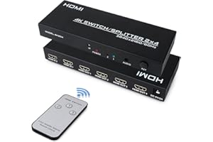 DGODRT HDMI Switch Splitter 2 in 4 Out, HDMI Splitter Switch with Remote Control and SPDIF & 3.5 m Audio Out, Supports 4K @ 60Hz HDCP2.2 HDR, for PC Monitors PS4 TV Laptop Xbox