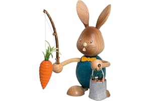 Drechslerei Kuhnert - Osterdekoration / Osterhase - Stupsi Hase "Möhrenangler" - 12 cm - aus Holz - Made in Germany