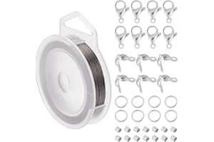 BENECREAT Fil perlé 7 brins de 300m en acier inoxydable 0.3mm avec 200 perles à sertir, 100 pointes de perles, 30 fermoirs à pinces de homard et 200 anneaux de saut pour la fabrication de bijoux