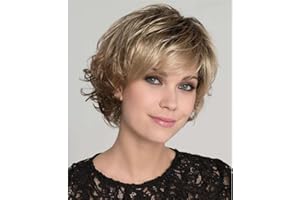 DKE&YMQ Capelli D'oro Parrucche Corte Per Le Donne, Vaporoso Temperamento Capelli Obliqui Bangs Parrucca Bionda Riccia, Naturale Cercando Parrucca Capelli Per Uso Quotidiano, Adatto Per Le Donne Di Mezza Età