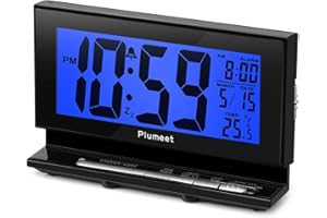 Plumeet con Sveglia Elettronica Sensor Light, Grande Sveglia Digitale LCD con Display della Temperatura, luminosità Regolabile su 2 Livelli e Funzione Sleepy, Alimentazione a Batteria (Blu)