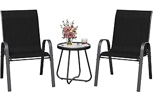 ‎AMOPATIO Amopatio 3 TLG. Balkonmöbel Set, Bistroset Kleiner mit Bistrotisch & 2 stapelbare Gartenstühle aus Textilene und Metallgestell, Gartenmöbel Wetterfest für Balkon, Garten, Schwarz