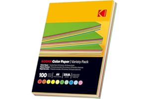 KODAK Color Paper - Colored Paper, Pack of 100 Sheets, 80g/m², A4 Size (21x29.7 cm), Double-Sided, Assorted in 10 Colors (Red, Orange, Yellow, Green, Blue, Pink), Inkjet Printing