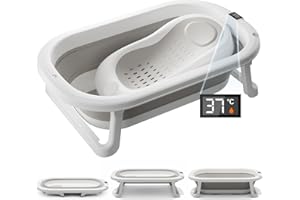 DEANIC Baby Badewanne mit ergonomischer Badesitz für 0-18 Monate, Faltbare Badewanne Baby mit Badethermometer, Baby Bathtub Neugeboren (Hellgrau)