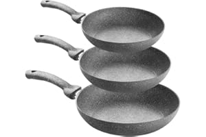 BAKAJI Set 3 Padelle in Pietra Diametro 22 26 30 cm Regina di Pietra Padella Antiaderente con Manico Ergonomico Soft Touch Stone Effect Corpo in Alluminio 6 Strati