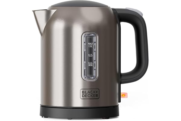 Black+Decker – Bouilloire inox BXKE2207E 2200 W | Ébullition rapide 1 L | Design compact | Base 360° | Arrêt auto | Filtre anti-calcaire | LED | Bec anti-gouttes | Sans BPA