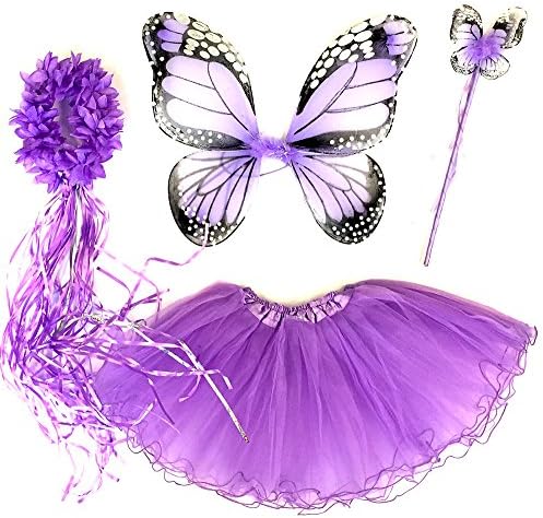 Tante Tina - Butterfly/Fairy Costume for Girls - 4 Piece Set with Wings, Wand, Tiara, and Skirt - Rainbow with headband