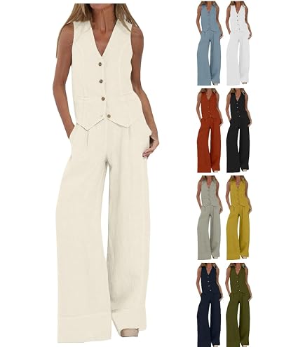 Produktbild von Zweiteiler Damen Sommer Hosenanzug Damen Festlich Elegant Anzug V-Ausschnitt Ärmellos Blazer Weste Und Hose Festival Outfit Kleidung 2 Teiler Musselin Set Y2K Clothes Aesthetic Leinen Sets Streetwear