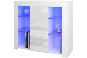 Panana Sideboard Cupboard Unit 4 Glass Shelves Cabinet RGB LED Lighted (White)