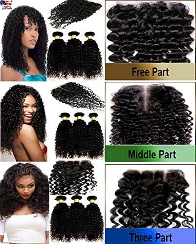 eCowboy Virgin Remy Jerry Curl 3 Bundle Pack#1B -Lace Closure Combination Set Weave Extensions 12"14"14"+Closure10" #1B Middle Part