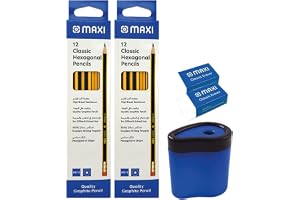 Maxi Hexagonal Graphite Pencil HB with Eraser tip 24pcs + Plastic Barrel Sharpener + PVC Free Classic Eraser-2pcs Set (Writing Combo Pack)