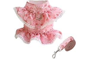 LtuzPet Vintage Floral Dog Dress with Leash Dog Harness Dress Leash Set Puppy Cat Rabbit Dresses with D-ring