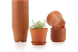 FORAGIFT 10cm Small Plant Pots, 24 Pack Plastic Herb Pot with Drainage Hole and Tray, Seed Seedling Pots Flower Nursery Pots for Vegetables, Flowers, Cactus, Cuttings, Succulent, Terracotta