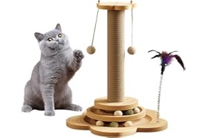 Yunova Tall Cat Scratching Post with 360° Rotation - Sisal & Wood Vertical Scratcher, Anti-Slip Base & Bell Toy - Low-Mess, Durable for Indoor Cats - Natural Beige, 45cm