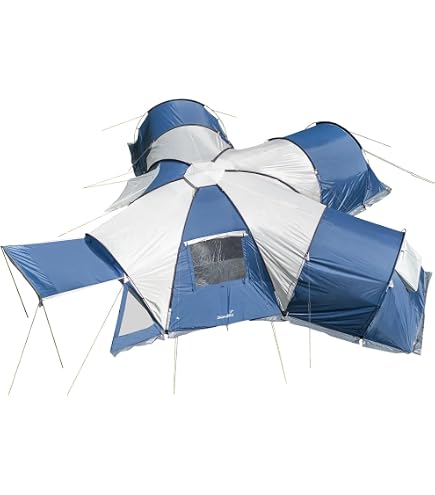 Skandika Montana 10 Person Tunnel Tent with Sleeper Technology, 2-4 Black Sleeping Huts, 5000 mm Water Column Mosquito Net, 4 Entrances, Family Tents, Large Windows, Large Tent (Blue) Sports & Outdoors