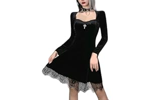 DINGJIUYAN Steampunk Dress Women Halloween Gothic Mini Dresses Velvet Long Sleeve Square Neck Wedding Guest Dress