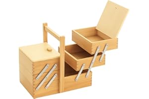 Paluplus Cestino portacucito in Legno a 3 Piani, Misura 34x23x29 cm, Scatola a Scaletta con maniglia e 5 Scomparti per accessori cucito, sartoria e fai da te, Made in Italy -022F -3,1 (Naturale)