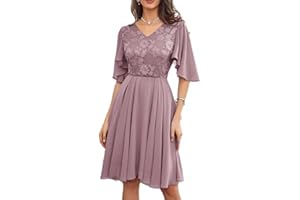 GRACE KARIN Women's Chiffon Pleated Dress Short Cape Sleeve V-Neck Lace Contrast Dress for Cocktail Party
