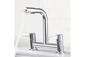 SCHSIN Kitchen Mixer Tap 2 Hole with 360° Aerator, Swivel Sink Bridge Taps Monobloc Dual Lever Faucet, 180mm Centres Deck Mounted with G1/2 Hose UK Standard Fittings (Chrome)