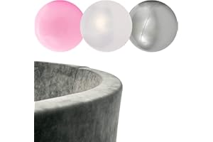 ‎MISIOO MISIOO Velvet Bällebad - Bällebad Kinder für Baby Zimmer - Bällebad Baby - 150 Bälle für Bällebad - Baby Spielzeug - Maschinenwaschbar - Öko-Tex - 90 x 30 cm - Hellgrau - Rosa Weiß und Silber Bälle