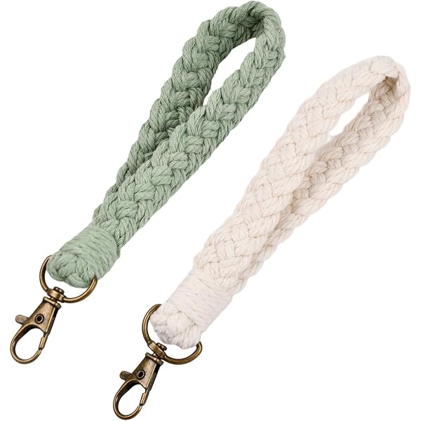 Soft Macrame Keychain With Lava Rock Tassel - Boho Handmade Wristlet Bracelet For Keys, White