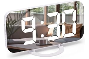 U-picks Despertador digital LED, reloj digital de 6,5'', reloj de mesa con repetición, espejo, brillo ajustable, despertador para mesita de noche, dormitorio, decoración de habitación y oficina-blanco