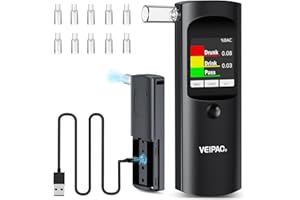 VEIPAO Alkoholtester Polizeigenau Alkoholtest Promillemessgerät: Tragbarer Alcohol Tester Promilletester mit 11 Mundstücken - Digitaler Alkotester Hohe Genauigkeit für Persönlichen Gebrauch Sensor - Schwarz
