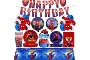 Newtic 63PCS Spiders Geburtstagsdeko Set, Spiders Partygeschirr, Spiders Deko Geburtstag kinder, Luftballons Spiders, Dazu gehören Tischdecke, Teller, Tasse,Servietten und Pull Flag