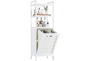 HITNET Bamboo Tilt Out Hamper, Bathroom Laundry Cabinet with Hidden Foldable Basket, Freestanding Clothes Storage Organizer with Storage Shelf, White