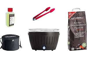 LotusGrill Barbecue Kit de démarrage 1x Lotus Barbecue charbon de bois de hêtre gris anthracite 1x 1kg, 1x Pâte combustible 200ml, 1x à saucisses Rouge, 1x sac de transport-Le charbon de bois sans fumée barbecue/Barbecue de table dans différentes couleurs chatoyantes. Toujours la dernière technologie garantie.