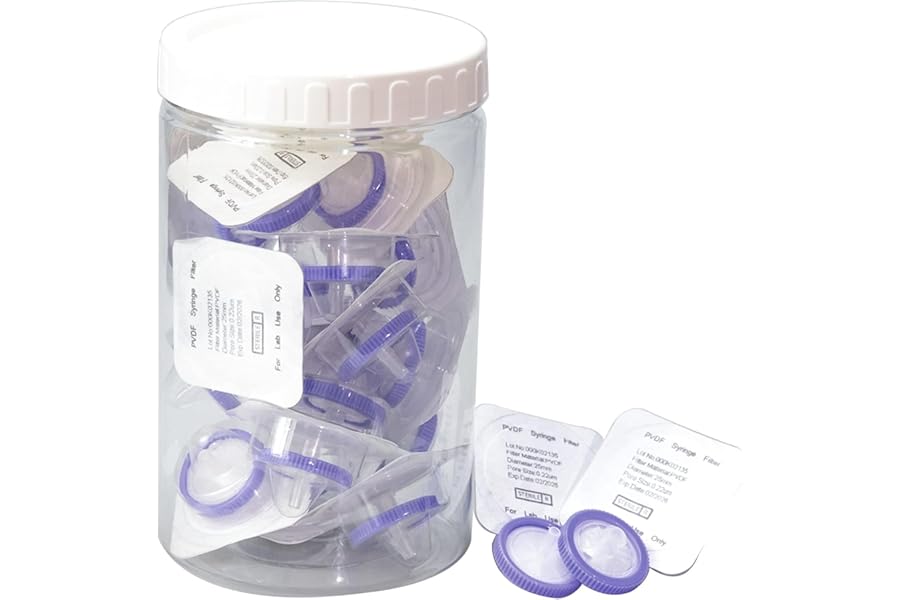 20 Pack Sterile Syringe Filter PVDF Hydrophilic Membrane 25mm Diameter 0.22 μm Pore Size, HPLC and GC Needle Filter, High Throughput Lab Filtration, Barreled Packed