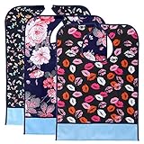 BTSKY 3Pcs Waterproof Reusable Adult Bibs - Washable Mealtime Protector Bib Clothing Protector with Crumb Catcher (Flower+Lip+Butterfly)