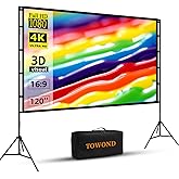 TOWOND Projector Screen and Stand, 120 Inch Portable Projection Screen for Indoor Outdoor 16:9 4K HD Wrinkle Free Lightweight