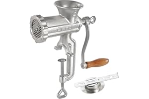GEFU Fleischwolf TRICA Gr.7/8 mit Spritzgebäckvorsatz | Handkurbel Drehwolf aus Metall mit Edelstahlmesser & Lochscheibe 4,5 mm | Hohe Tischklemme