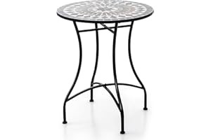 RELAX4LIFE Round Mosaic Table, Garden Side Coffee Table with Non-Slip Foot Pads, Outdoor Dining Bistro Table for Patio, Balcony and Backyard (Black + Brown, Geometric Pattern)