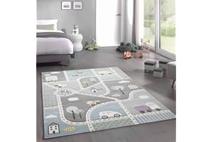 ‎CARPETIA CARPETIA Teppich Kinderzimmer Kinderteppich Straßenteppich Auto blau grün Größe 140x200 cm