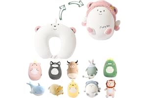 JOYRAVO Podróżna Poduszka 2-w-1 dla Dzieci - Miękka Pluszowa Zabawka, zmienia się w Poduszkę U dla Komfortu podczas Podróży (samolot, samochód, pociąg, autobus) - Niedźwiedź