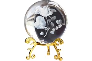 DRWOSM 60mm 3D Kristallkugel Rose Blume&Liebesfigur Glaskugel lasergravur Ich Liebe Dich Andenken Briefbeschwerer Ornamente Ball mit Ständer Deko Ball Liebhaber Geschenk für Frauen Mädchen (Rose)